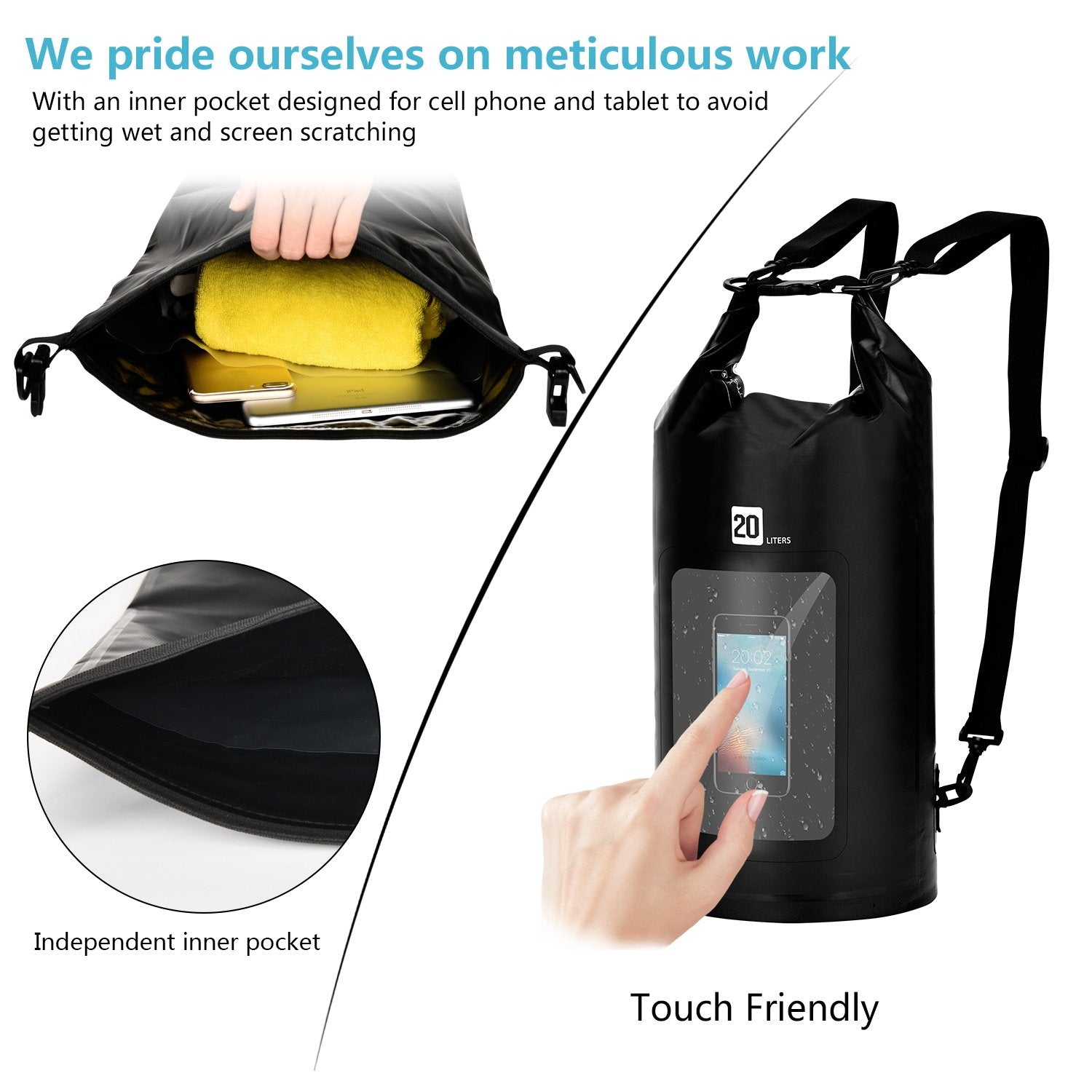 Dry Bag Waterproof 20L,Roll Top Dry Compression Bag Keeps Gear Dry with  Waterproof Phone Pouch and Long Adjustable Shoulder Strap for Outdoor Water